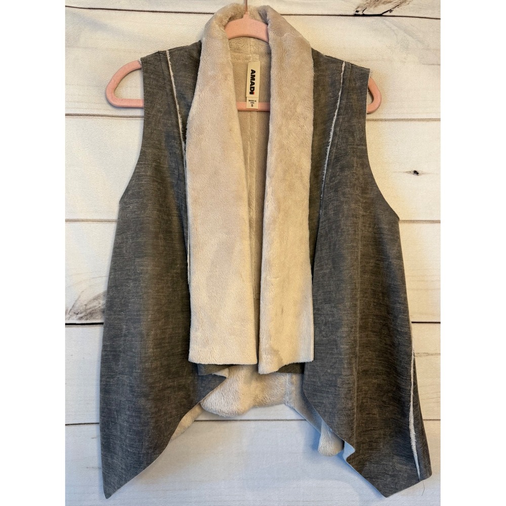 Amadi Womens Grey Faux Fur Trim Open Front Drape Vest CT-4129 Small Made in USA